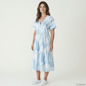 Final Touch Midi Dress Women Size M Blue White Tie Dye Wrap V-Neck Casual Summer